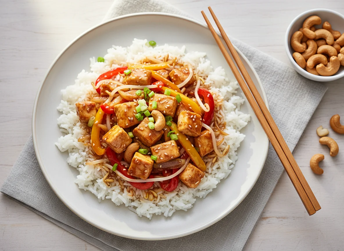 Asiatisches Gericht mit Reis und Cashewkernen photo