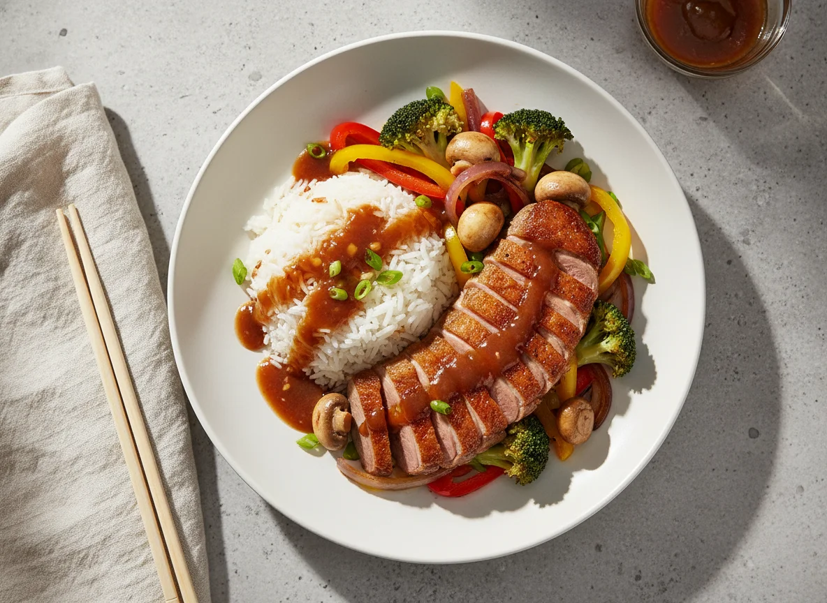 Asiatisches Gericht mit Reis und Ente photo
