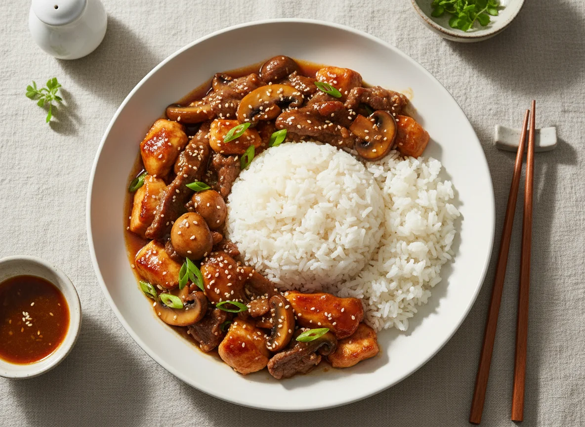 Asiatisches Gericht mit Reis und Fleisch photo