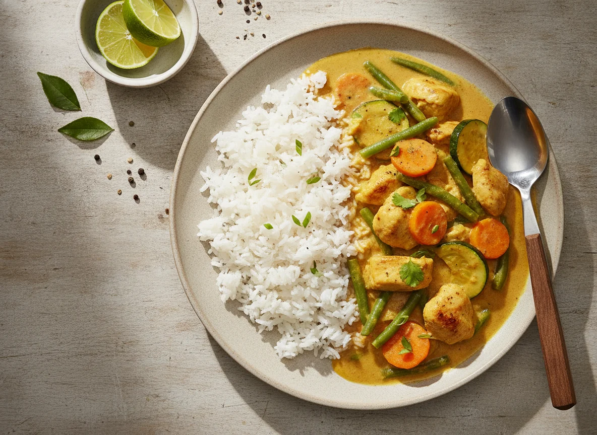 Asiatisches Gericht mit Reis und Fleisch-Gemüse-Curry photo