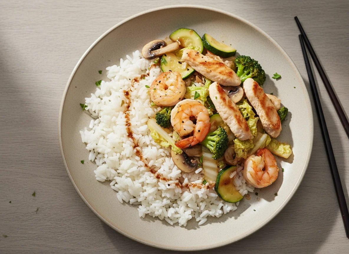 Asiatisches Gericht mit Reis und Garnelen photo