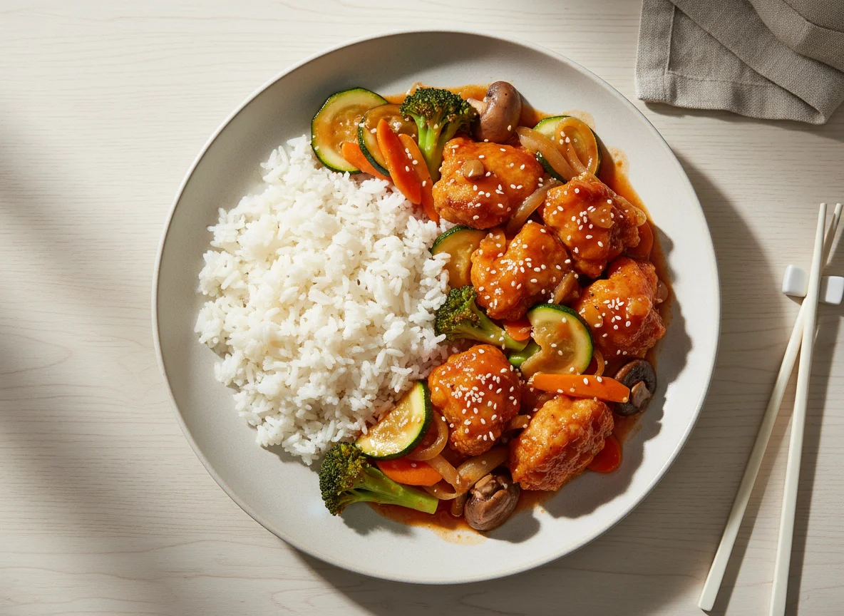 Asiatisches Gericht mit Reis und Gemüse photo