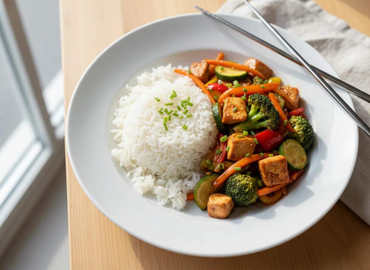 Asiatisches Gericht mit Reis und Gemüsepfanne photo