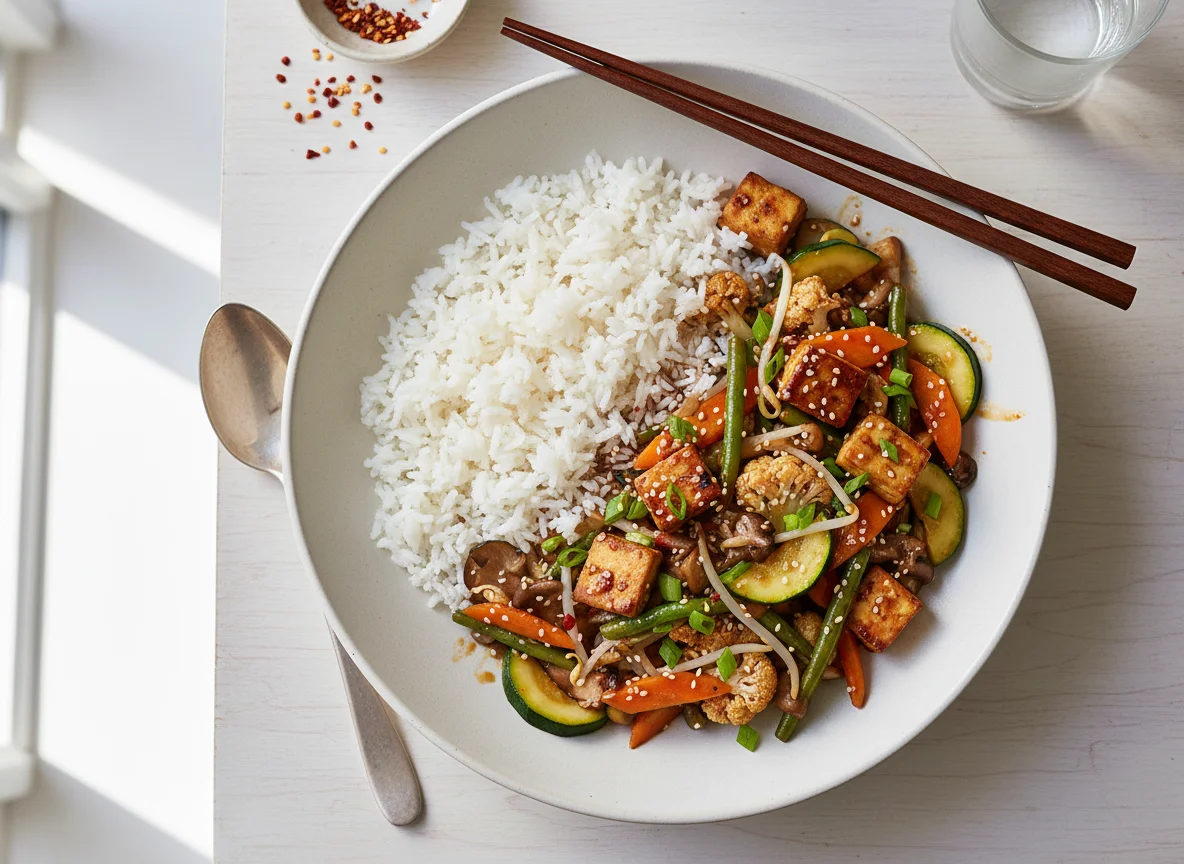 Asiatisches Gericht mit Reis und Tofu-Gemüse-Pfanne photo