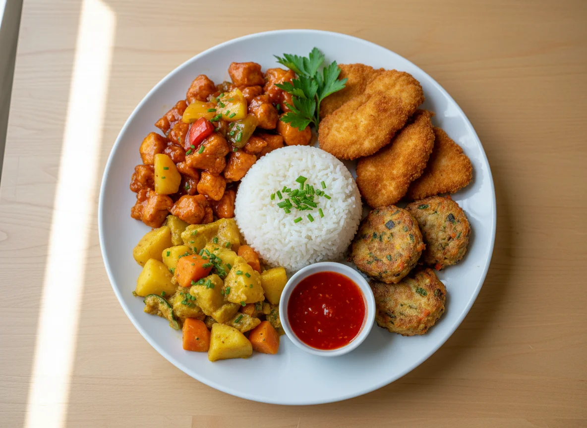 Asiatisches Gericht mit Reis und verschiedenen Beilagen photo