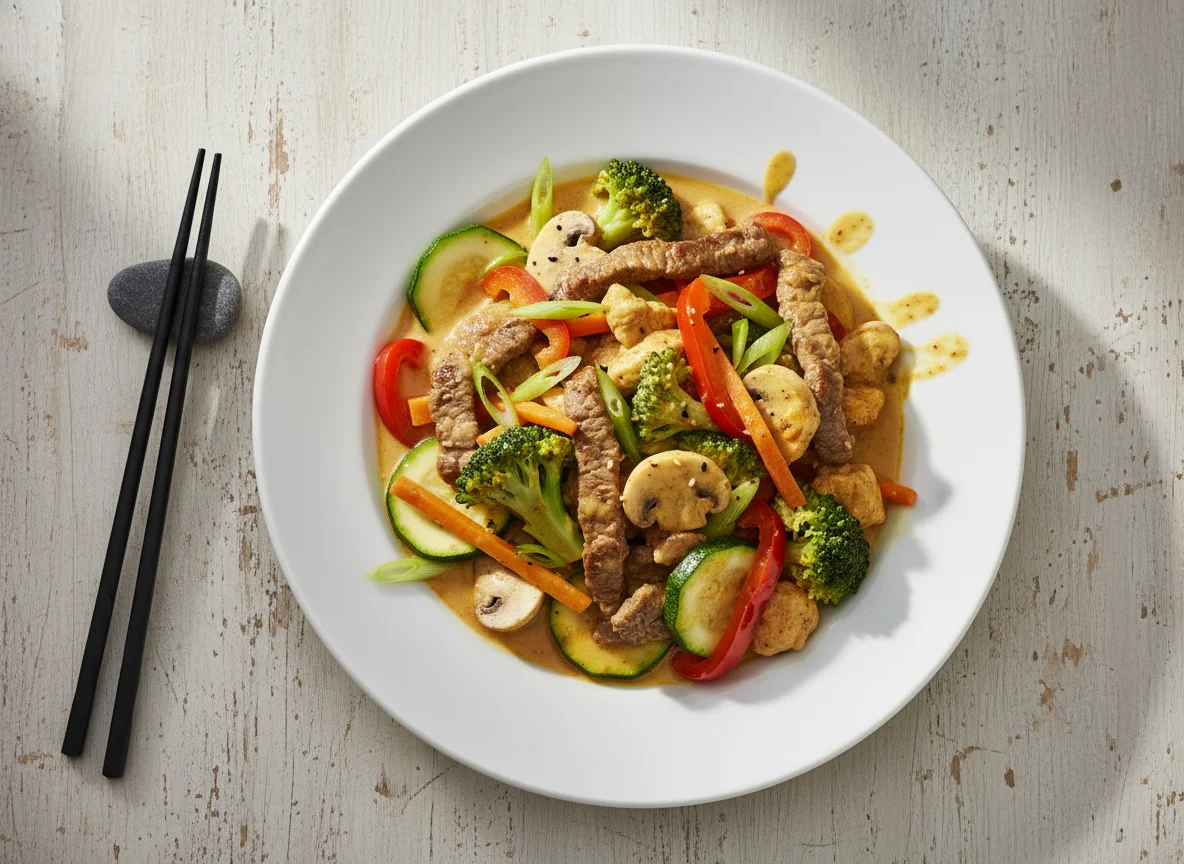 Asiatisches Gericht mit Rindfleisch, Hähnchen und Gemüse in Currysauce photo