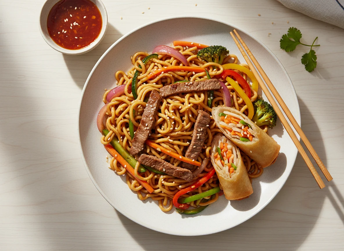 Asiatisches Gericht mit Rindfleisch, Nudeln und Frühlingsrollen photo