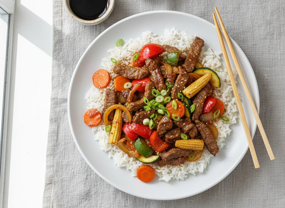 Asiatisches Gericht mit Rindfleisch und Reis photo