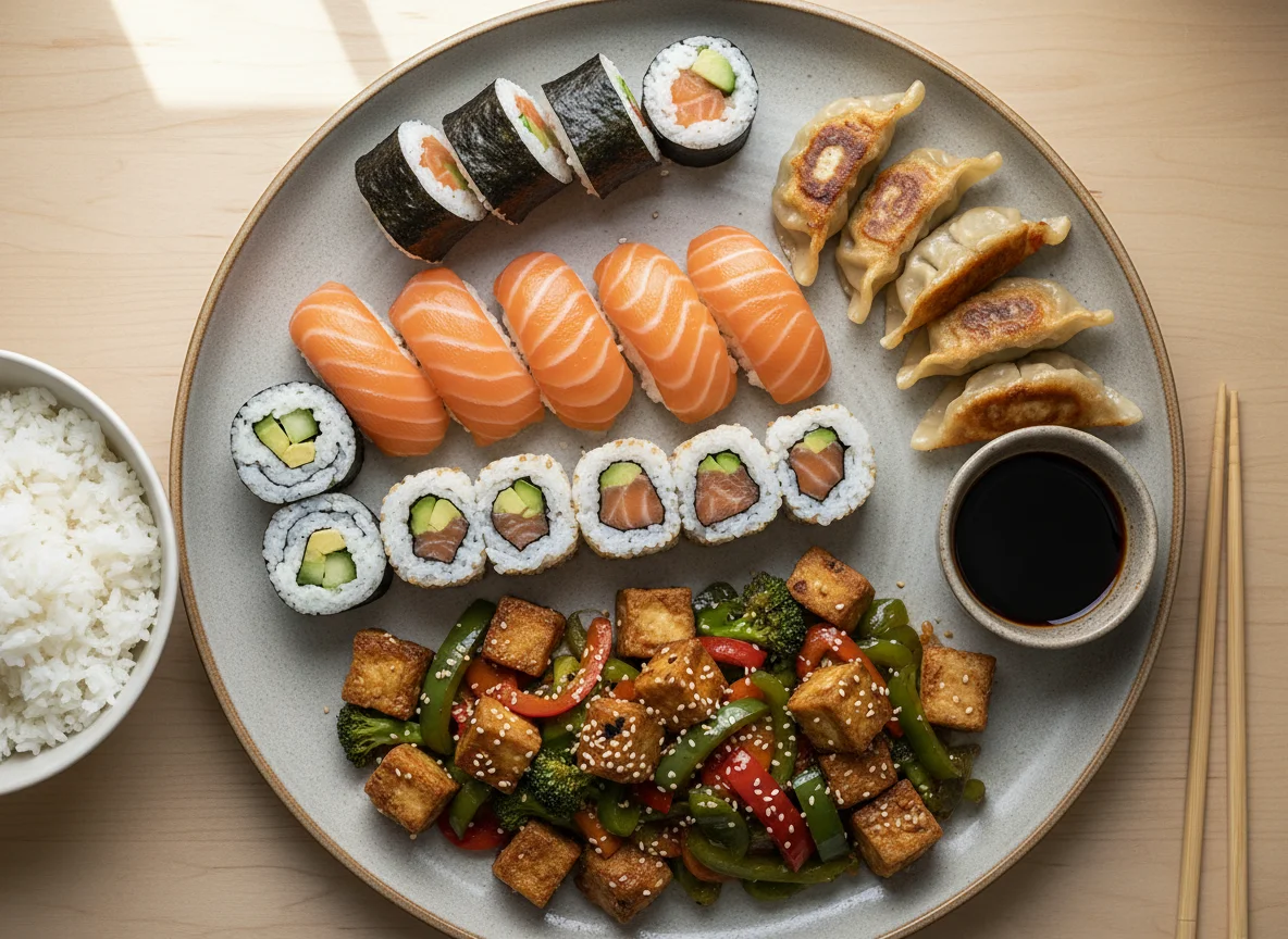 Asiatisches Gericht mit Sushi und Gyoza photo