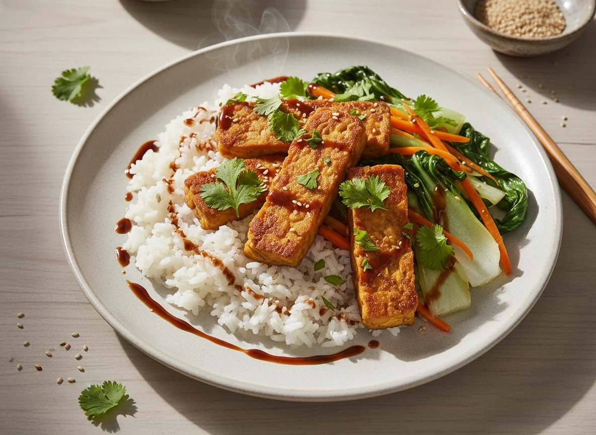Asiatisches Gericht mit Tempeh, Reis und Pak Choi photo