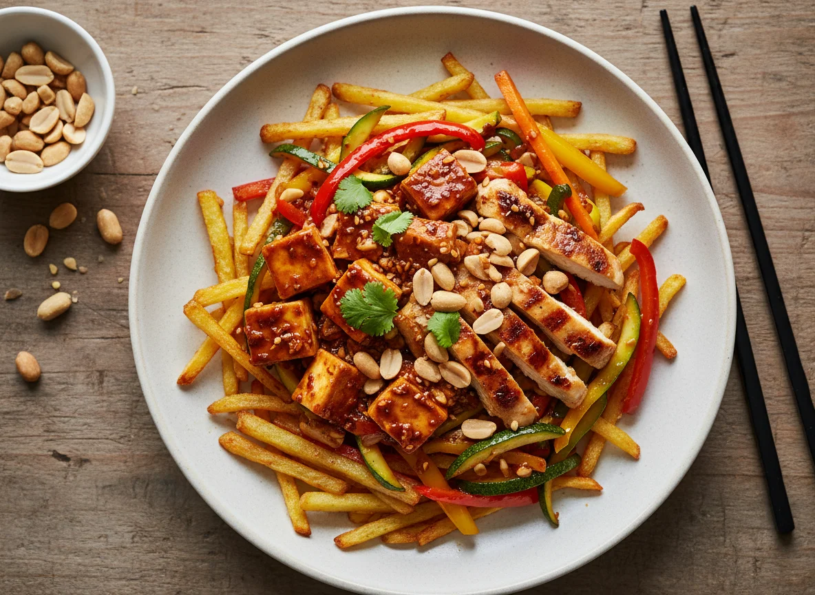 Asiatisches Gericht mit Tofu, Hähnchen und Kartoffelstreifen photo