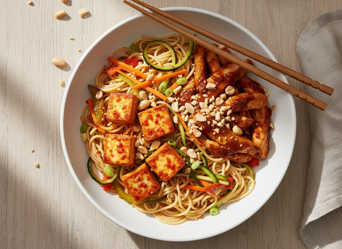 Asiatisches Gericht mit Tofu, Hähnchen und Nudeln photo