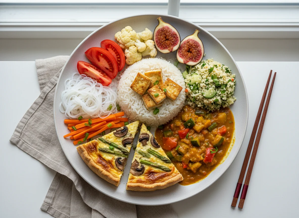 Asiatisches Gericht mit Tofu, Reis und Quiche photo