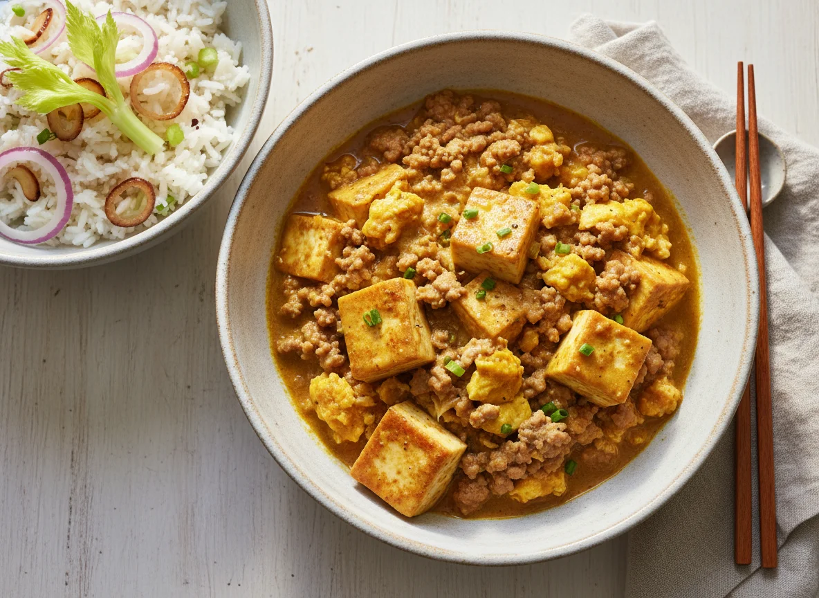 Asiatisches Gericht mit Tofu-Eintopf und Reis mit Gemüse photo