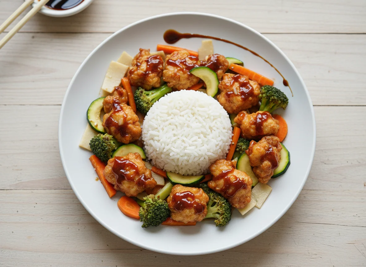 Asiatisches Hähnchen mit Reis und Gemüse photo