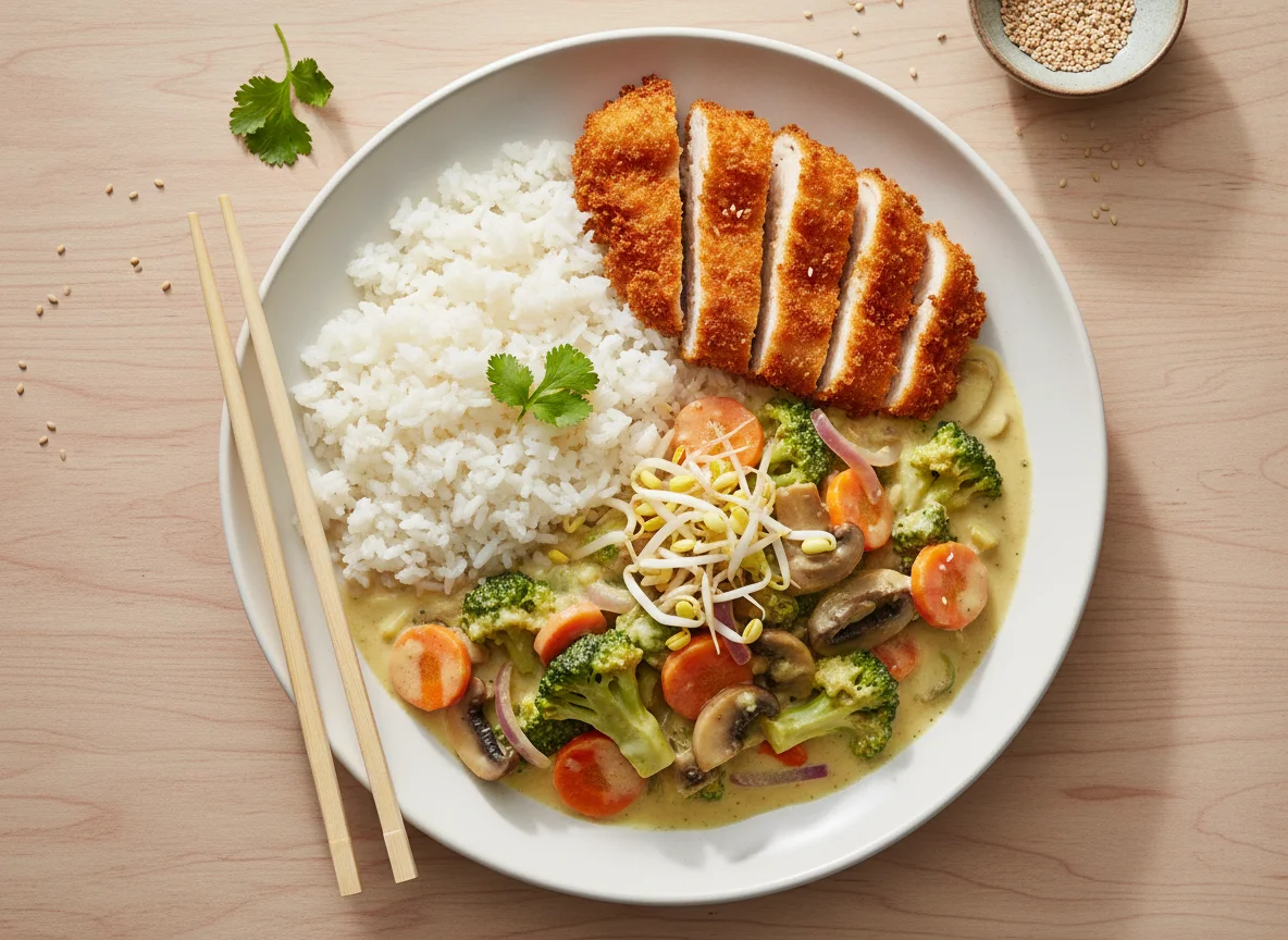 Asiatisches Hähnchen mit Reis und Gemüse-Curry photo