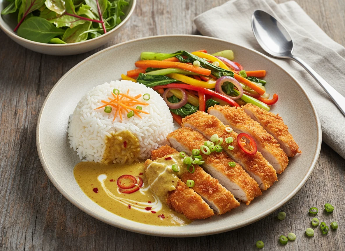Asiatisches Hähnchen-Curry mit Reis und Gemüse photo