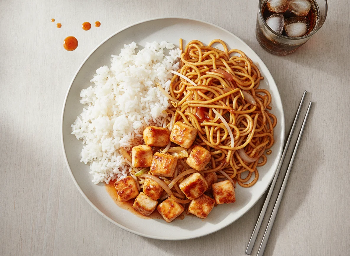 Asiatisches Hähnchengericht mit Reis und Nudeln photo