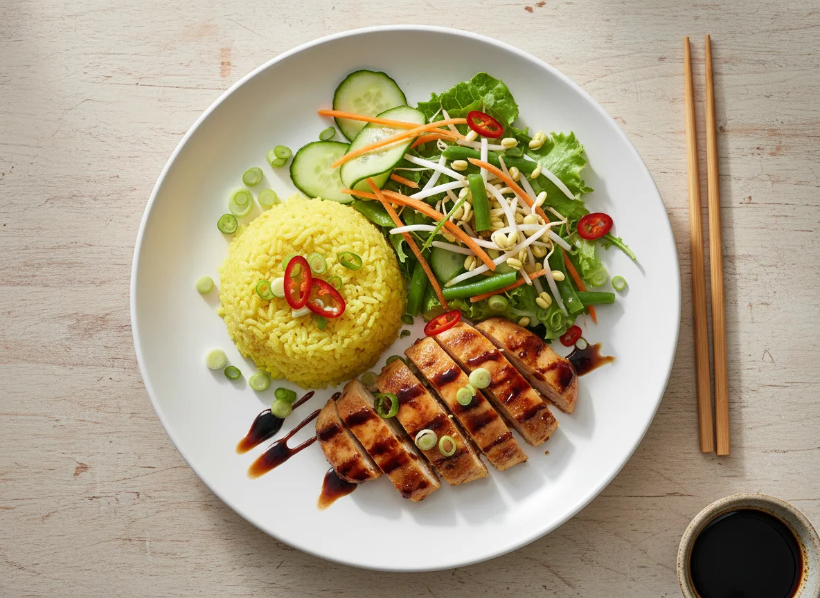 Asiatisches Hähnchengericht mit Reis und Salat photo