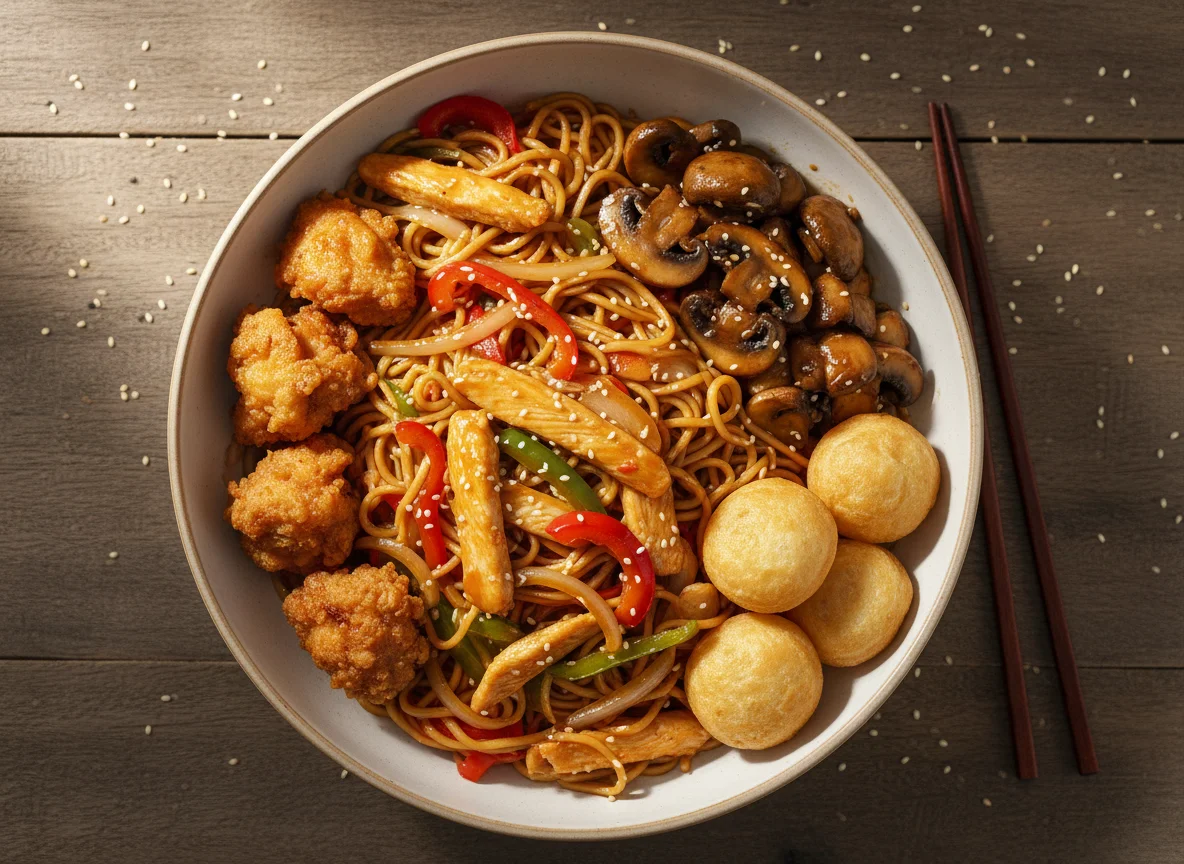 Asiatisches Nudelgericht mit Huhn und Pilzen photo