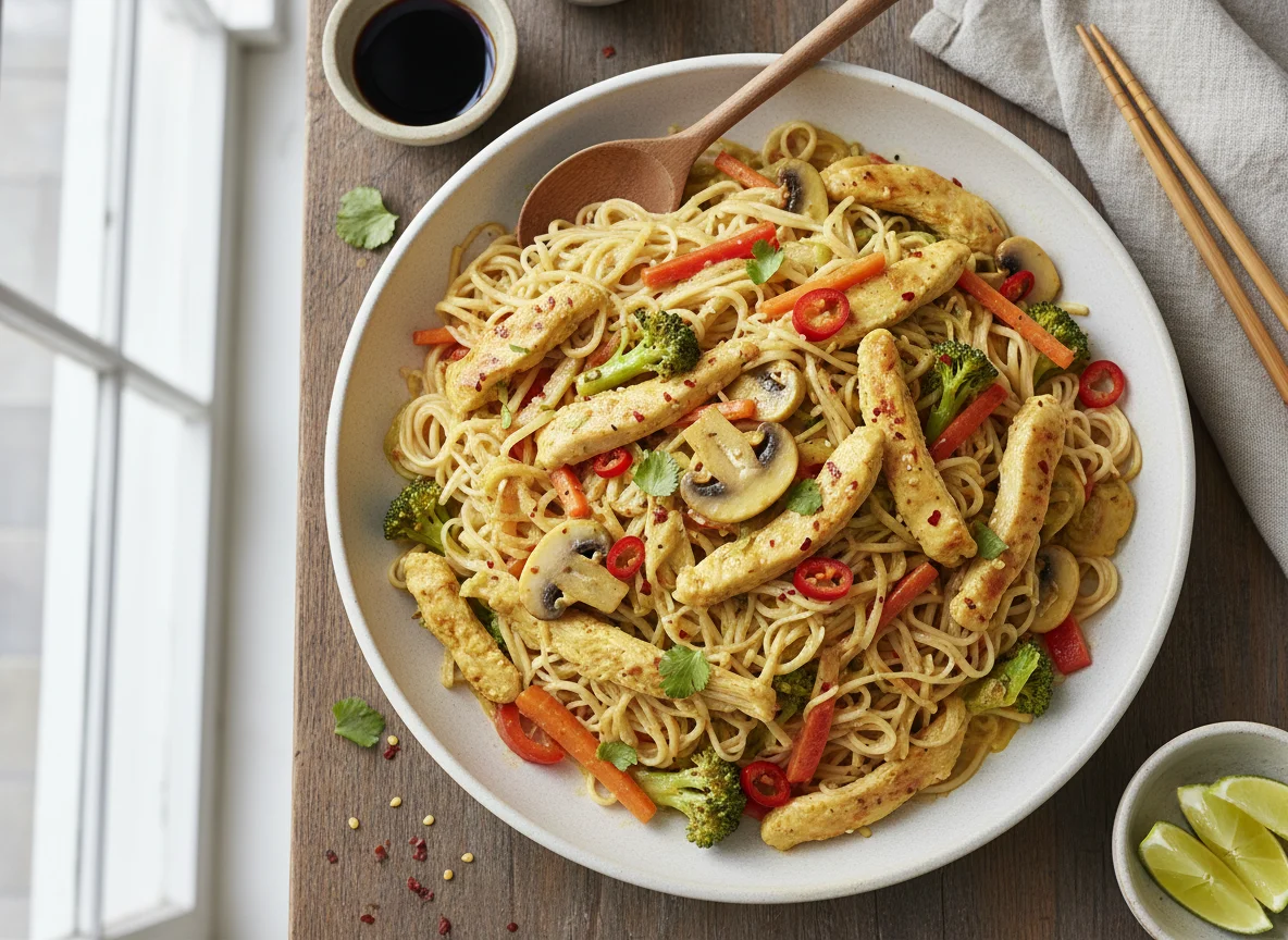 Asiatisches Nudelgericht mit Poulet und Gemüse photo