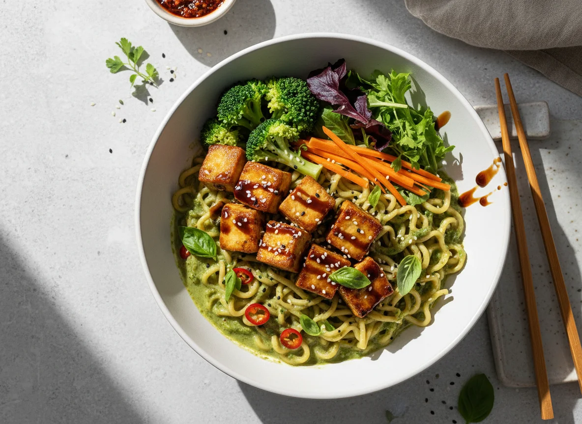 Asiatisches Nudelgericht mit Tofu und Curry photo