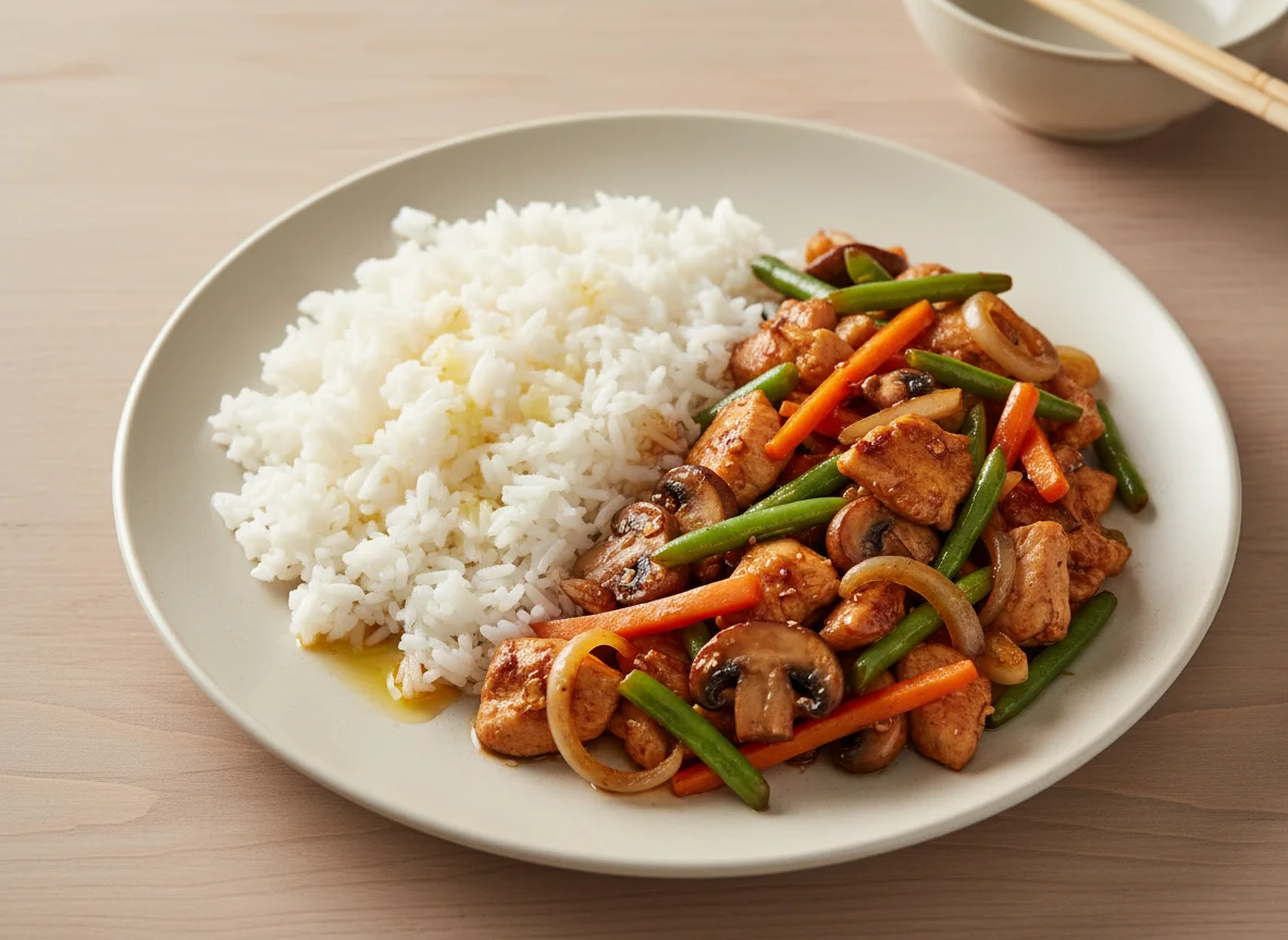 Asiatisches Pfannengericht mit Reis photo