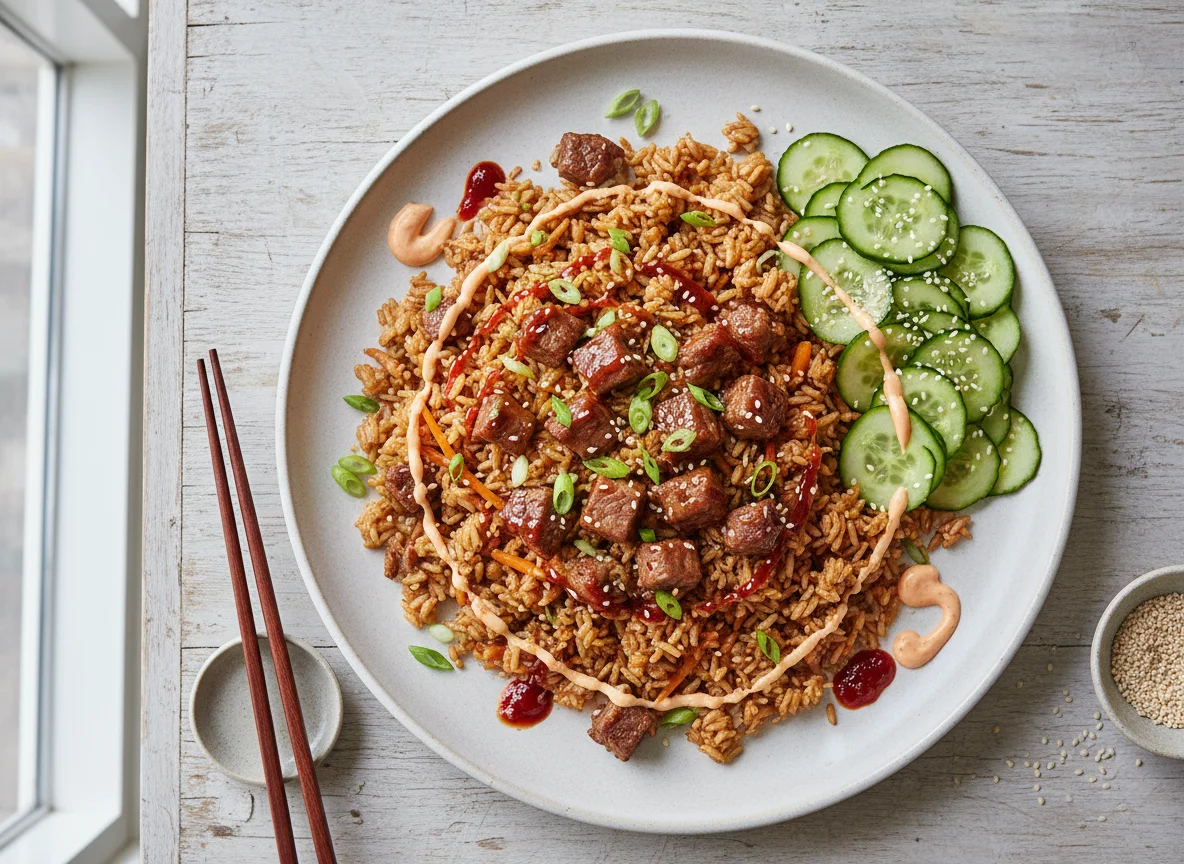 Asiatisches Rindfleisch mit gebratenem Reis und Gurkensalat photo