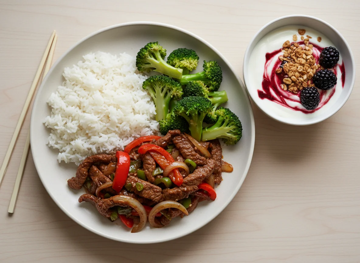 Asiatisches Rindfleisch mit Reis und Brokkoli, dazu Joghurt photo