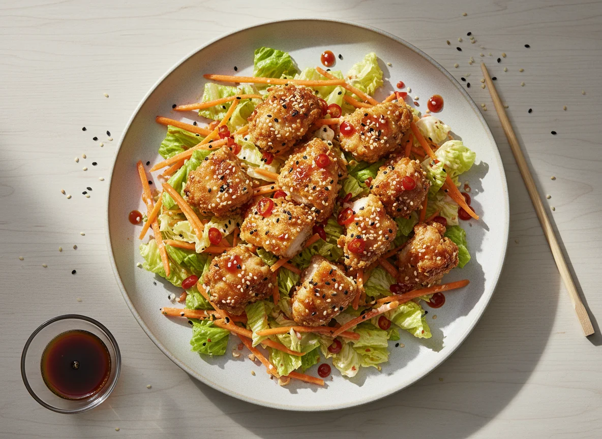 Asiatisches Sesam-Hähnchen auf würzigem Romana-Karotten-Salat photo