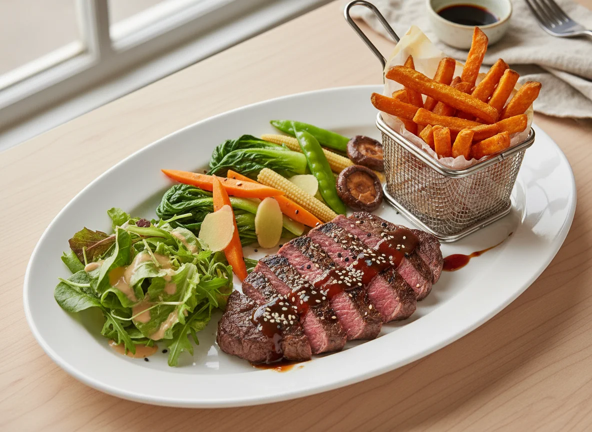 Asiatisches Steak mit Gemüse und Süßkartoffelpommes photo