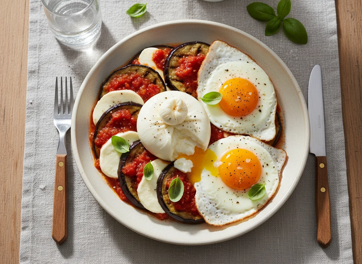 Auberginen-Caprese mit Spiegeleiern und Burrata photo