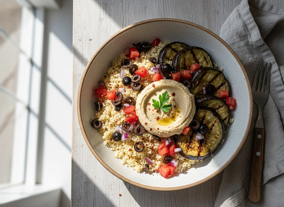 Auberginen-Couscous-Bowl mit Hummus und Oliven photo