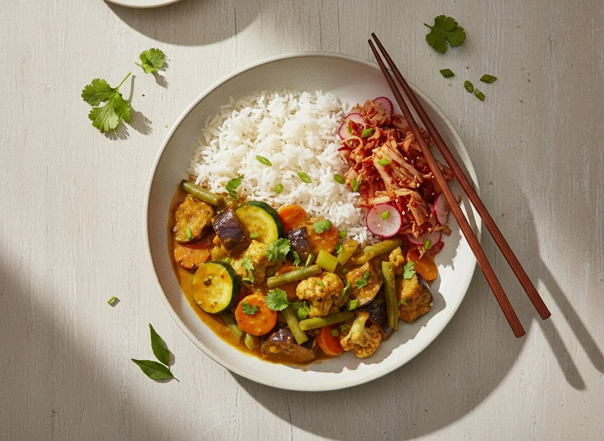 Auberginen-Curry mit Reis und Kimchi photo