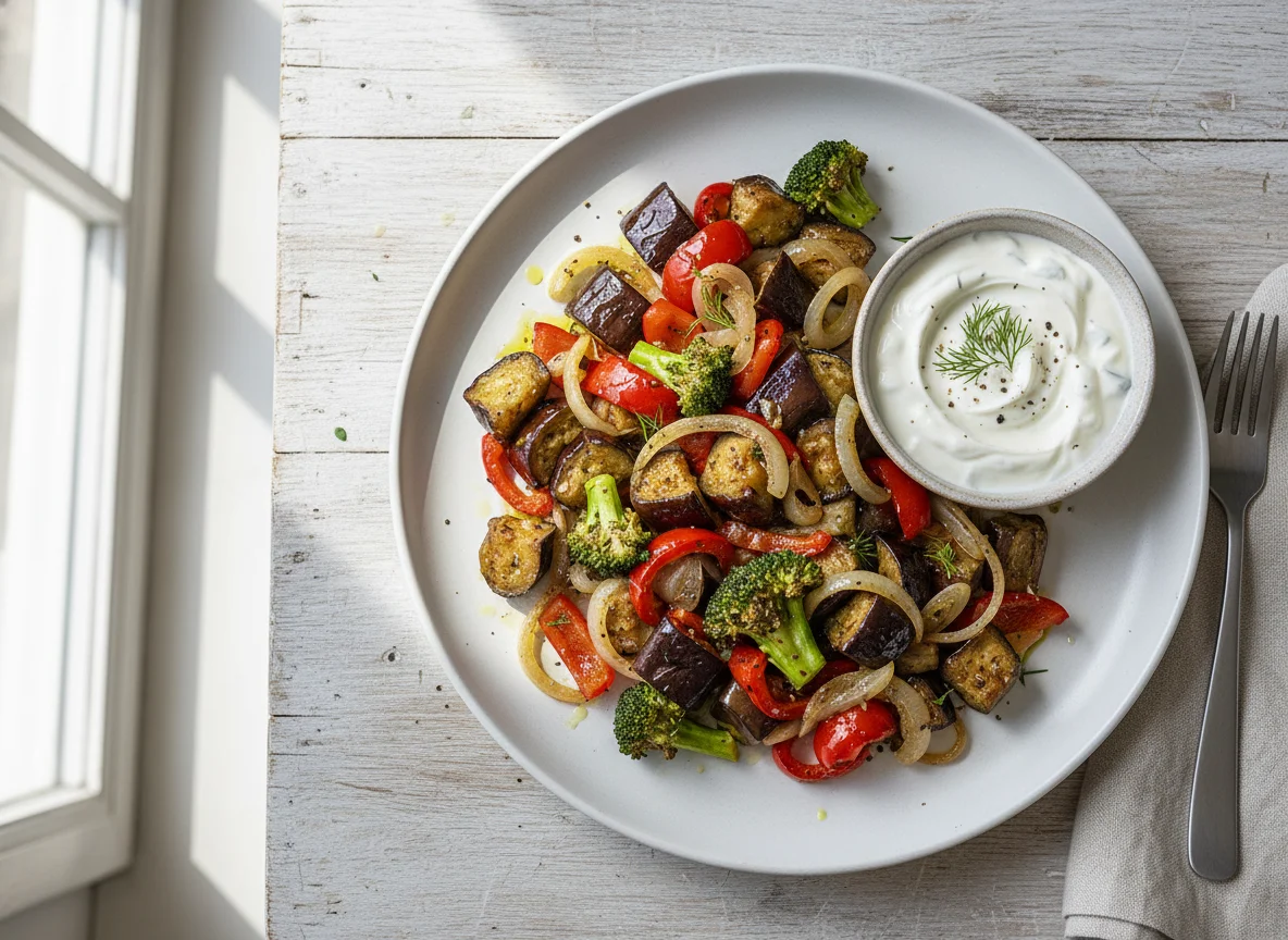 Auberginen-Gemüsepfanne mit Joghurt-Dip photo