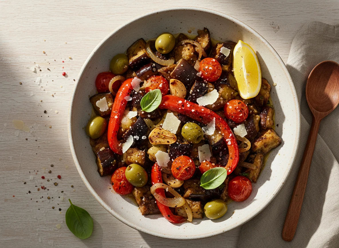 Auberginen-Pfanne mit Paprika und Oliven photo