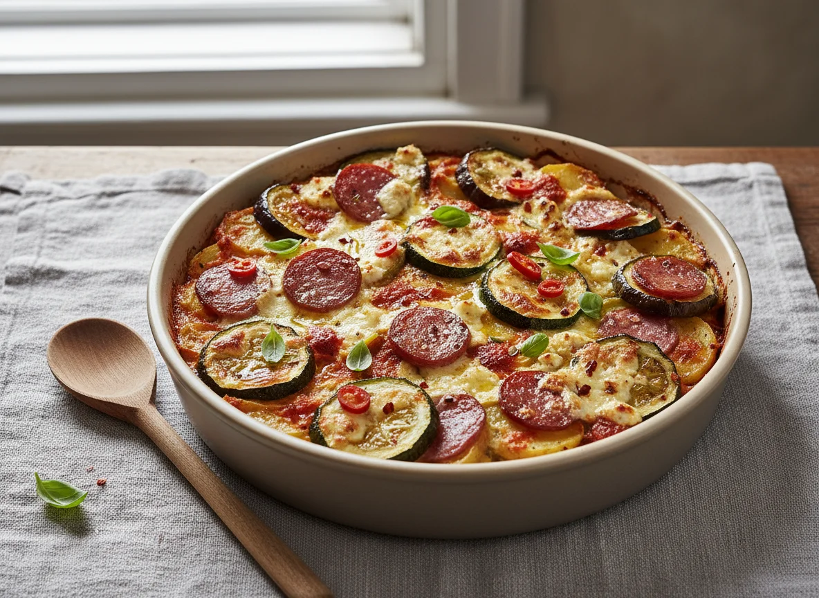 Auberginen-Zucchini-Gratin mit Kartoffeln, Salami und Paprikapesto photo