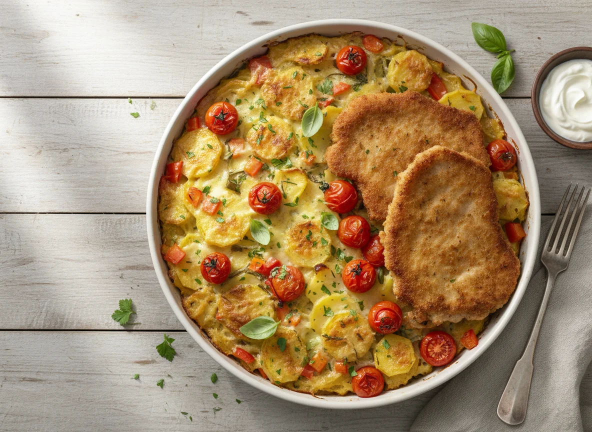 Auflauf mit Schnitzel und Tomaten photo