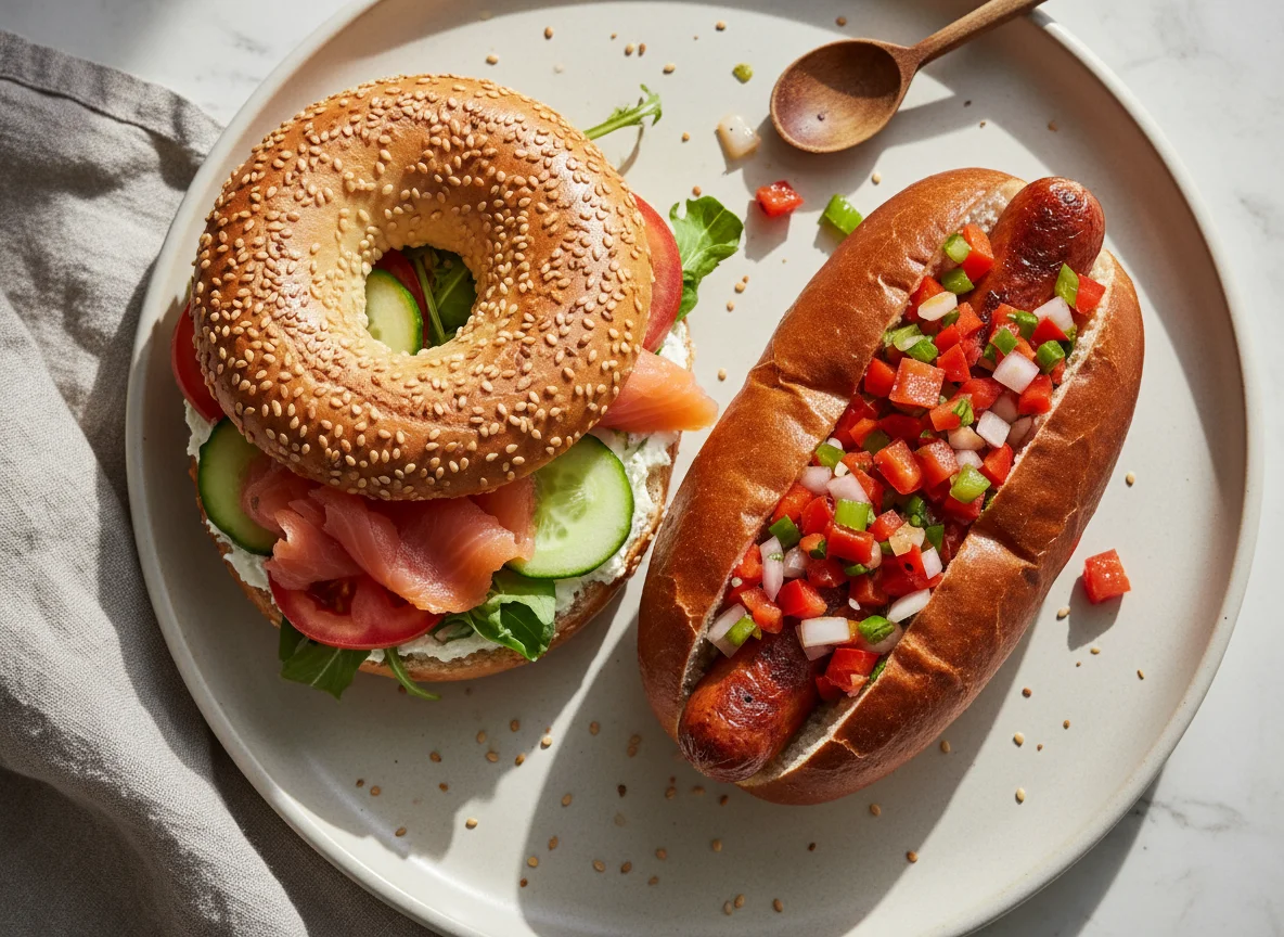 Auswahl an Snacks (Bagels und Hot Dogs) photo