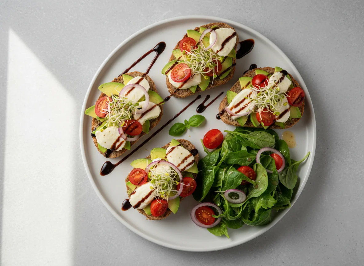 Avocado Mozzarella Bruschetta mit Salat photo