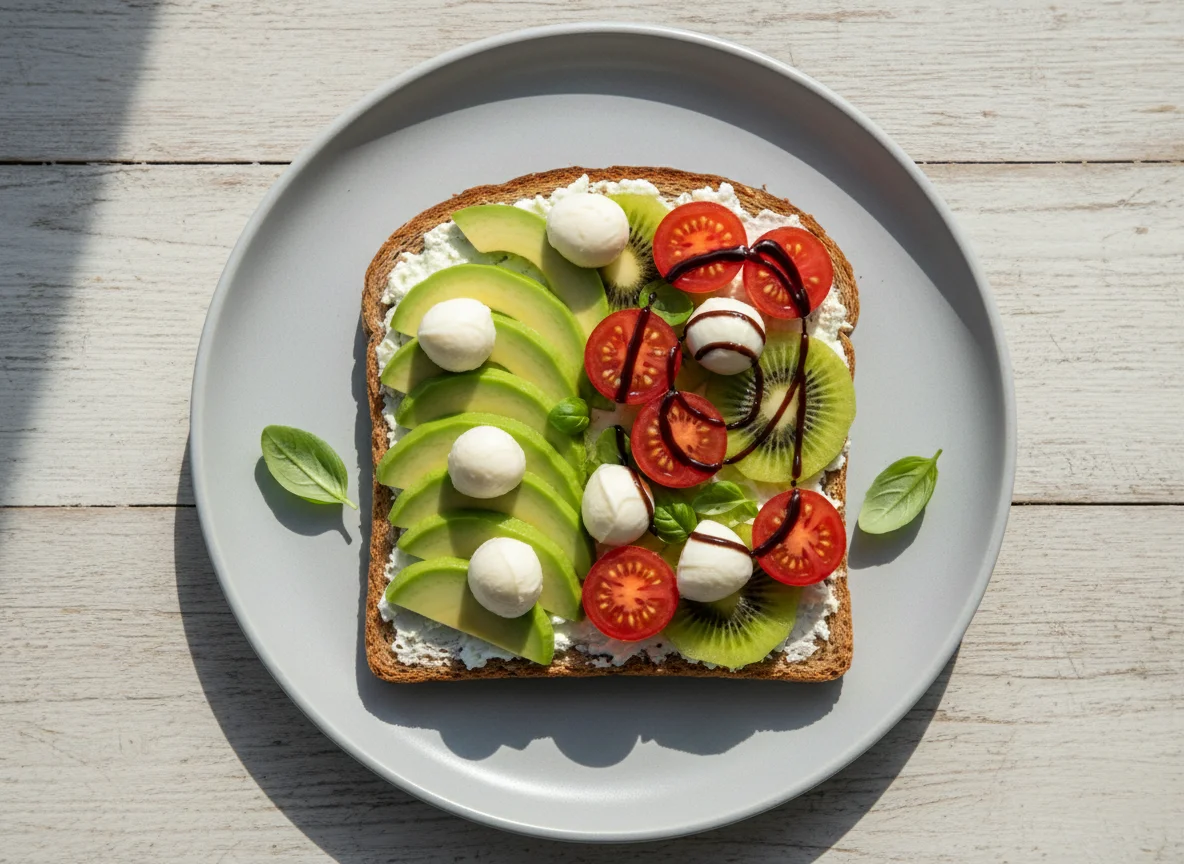 Avocado Mozzarella Toast mit Kiwi und Tomate photo
