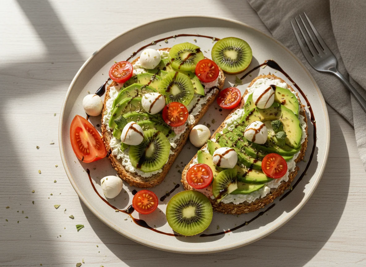 Avocado Mozzarella Toast mit Kiwi und Tomaten photo