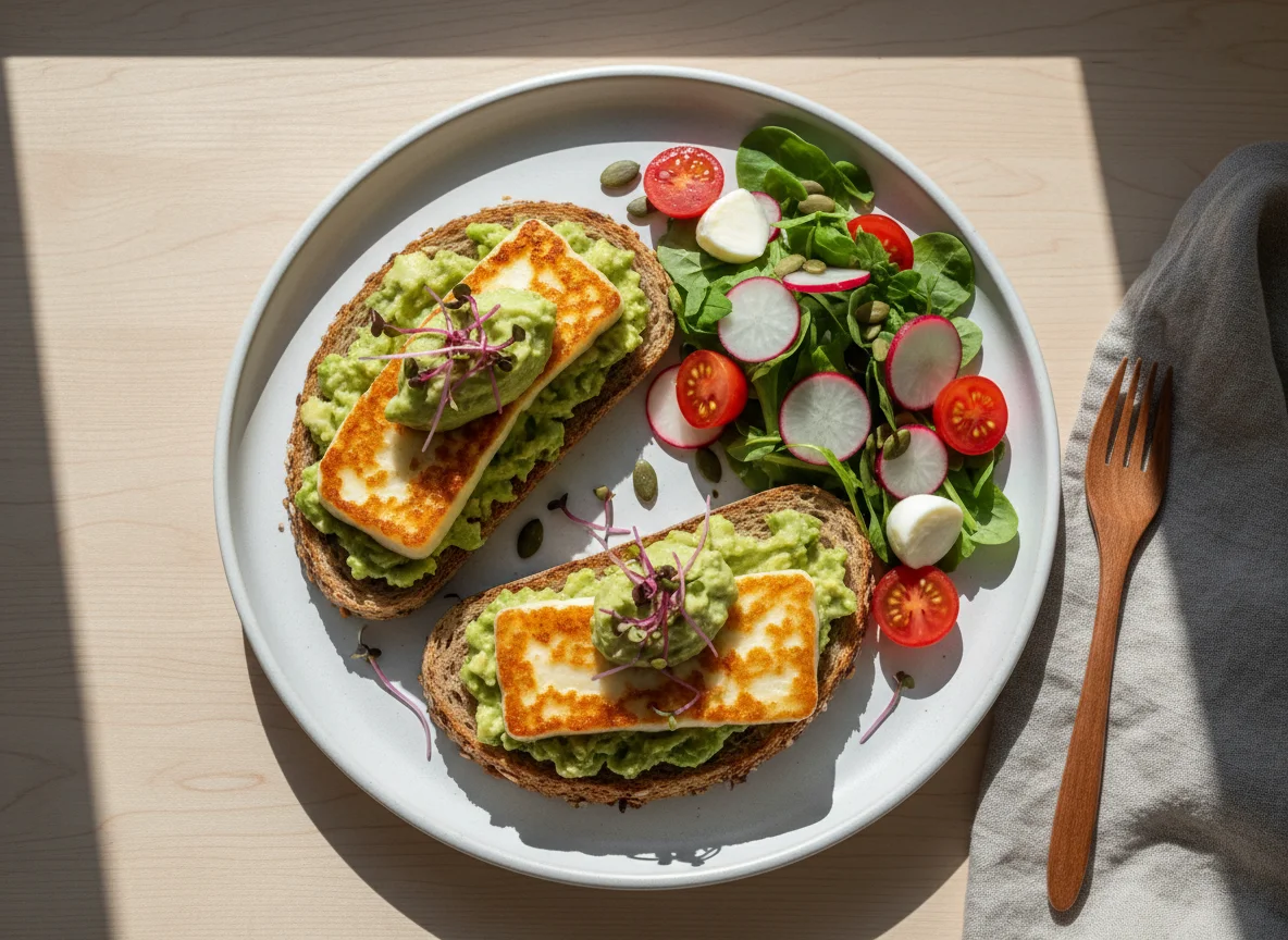 Avocado Toast mit Halloumi und Salat photo