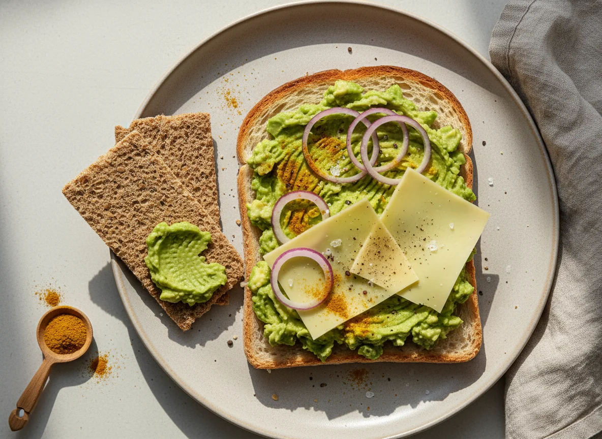 Avocado Toast mit Käse und Knäckebrot photo