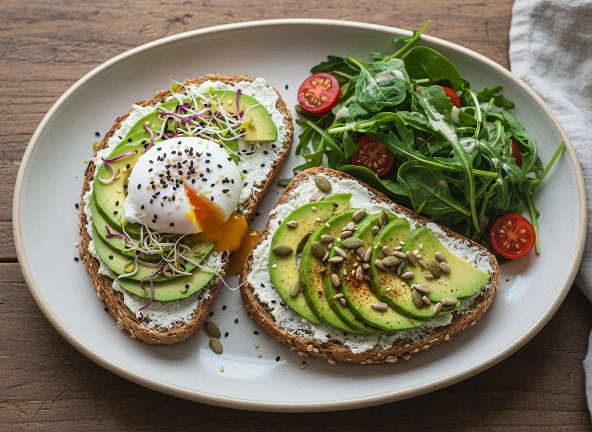 Avocado Toast mit pochiertem Ei und Salat photo