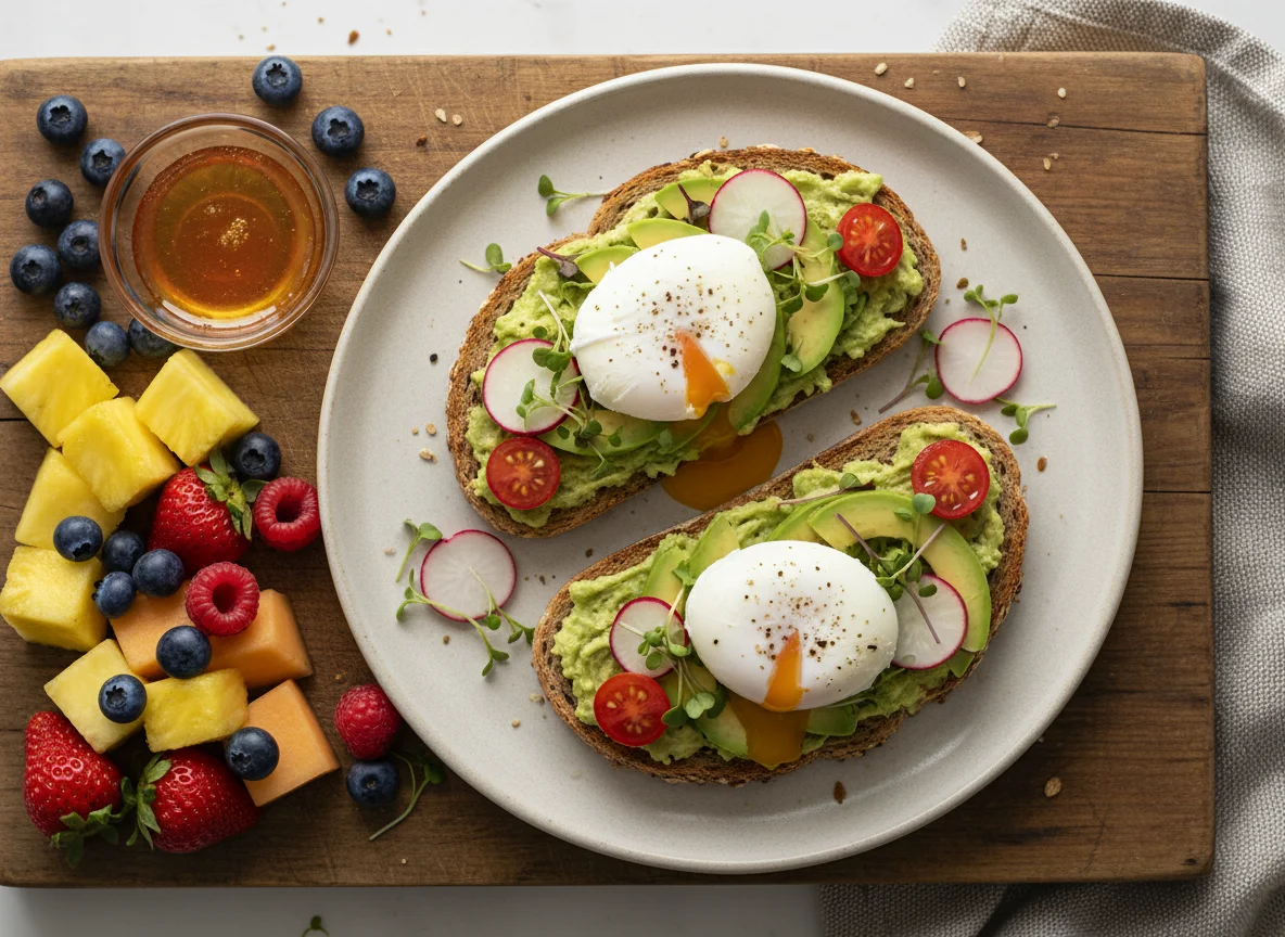 Avocado Toast mit pochierten Eiern und Fruchtsalat photo