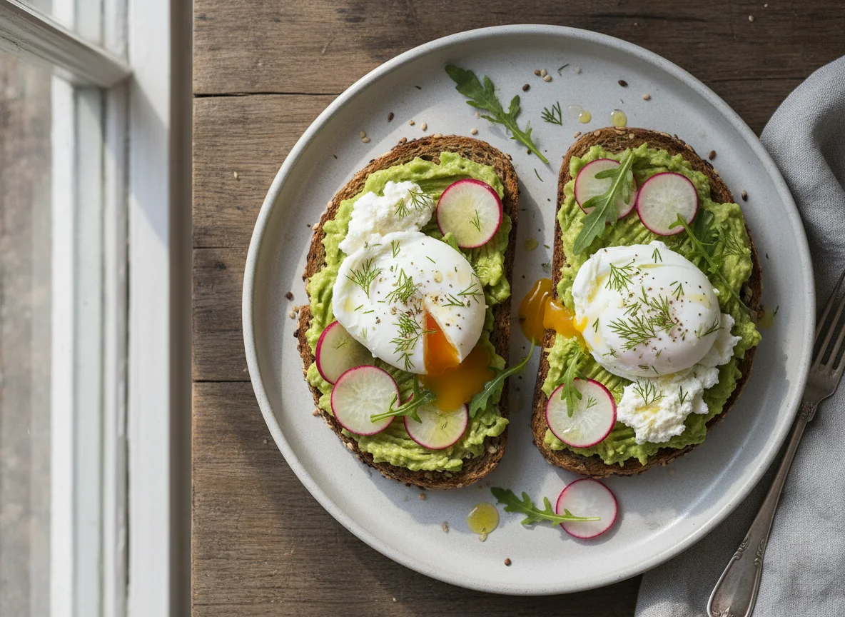Avocado Toast mit pochierten Eiern und Kräutern photo