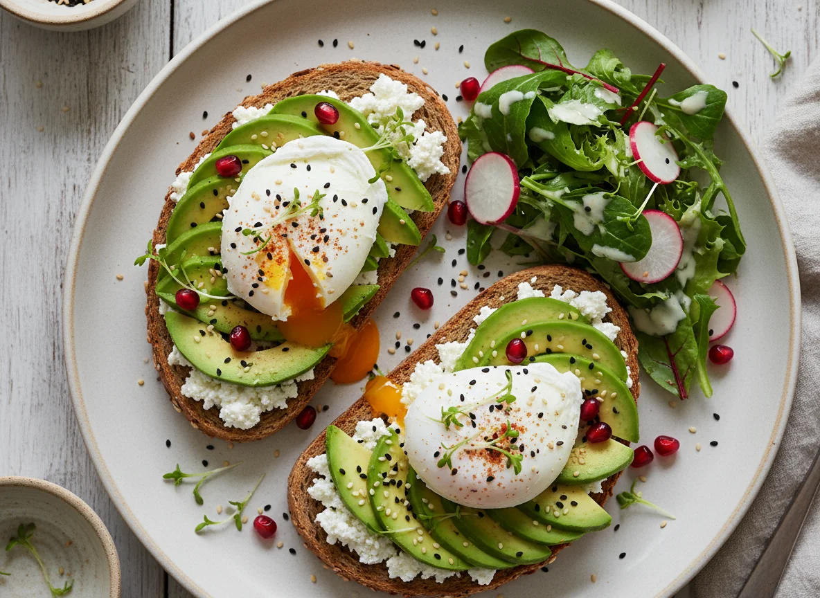 Avocado Toast mit pochierten Eiern und Salat photo