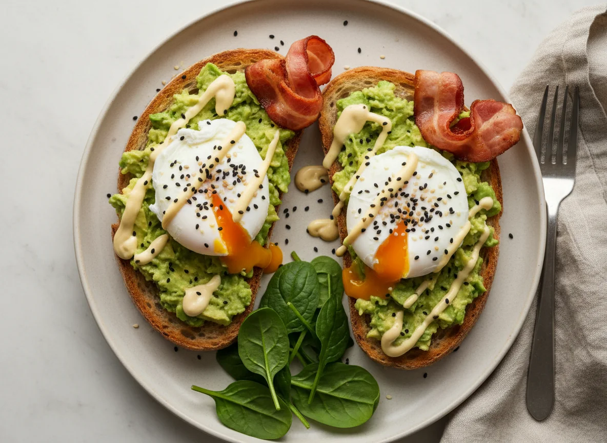 Avocado Toast mit pochierten Eiern und Speck photo