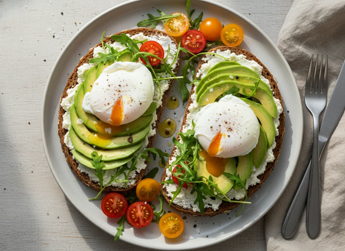 Avocado Toast mit Rucola und pochiertem Ei photo